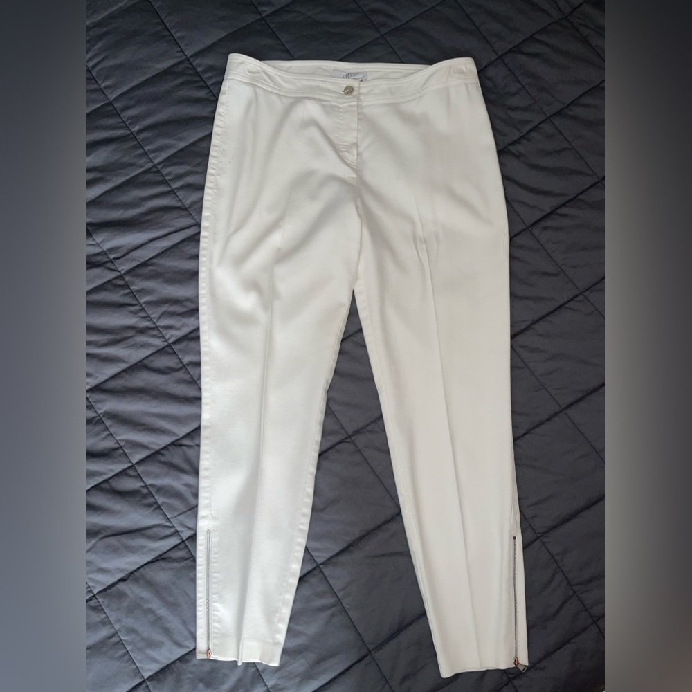 Carlisle Per Se Collection Chic White Straight Pants with Silver Ankle Zippers
